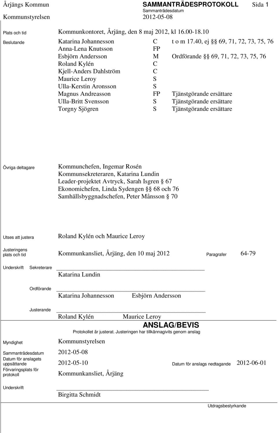 Andreasson FP Tjänstgörande ersättare Ulla-Britt Svensson S Tjänstgörande ersättare Torgny Sjögren S Tjänstgörande ersättare Övriga deltagare Kommunchefen, Ingemar Rosén Kommunsekreteraren, Katarina