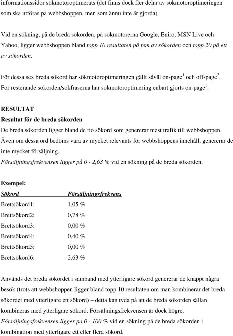 För dessa sex breda sökord har sökmotoroptimeringen gällt såväl on-page 1 och off-page 2. För resterande sökorden/sökfraserna har sökmotoroptimering enbart gjorts on-page 1.