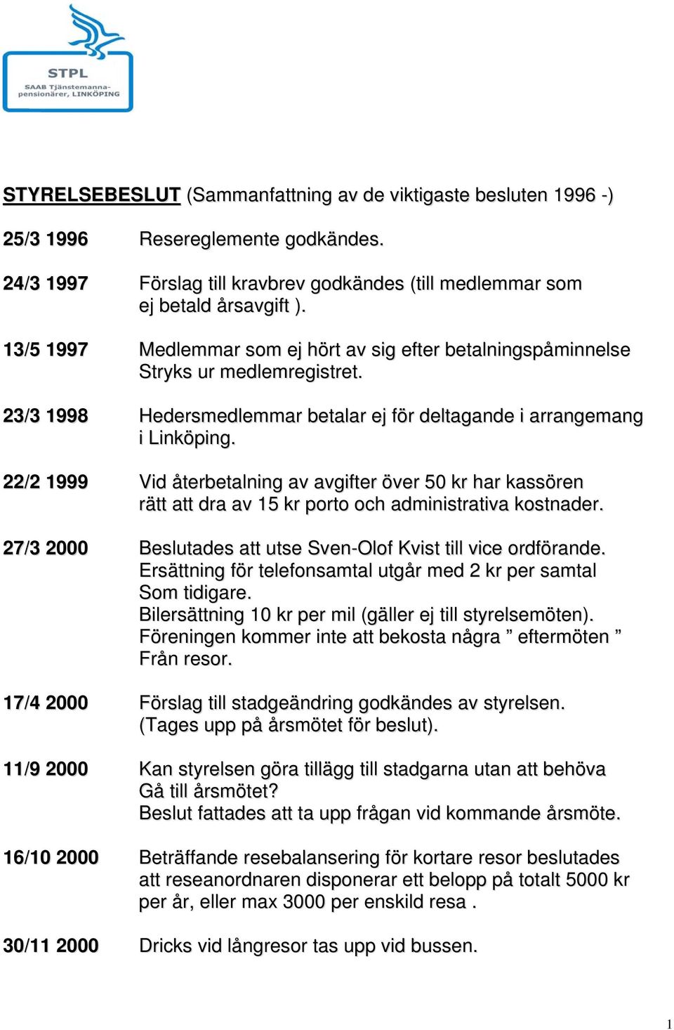 22/2 1999 Vid återbetalning av avgifter över 50 kr har kassören rätt att dra av 15 kr porto och administrativa kostnader. 27/3 2000 Beslutades att utse Sven-Olof Kvist till vice ordförande.