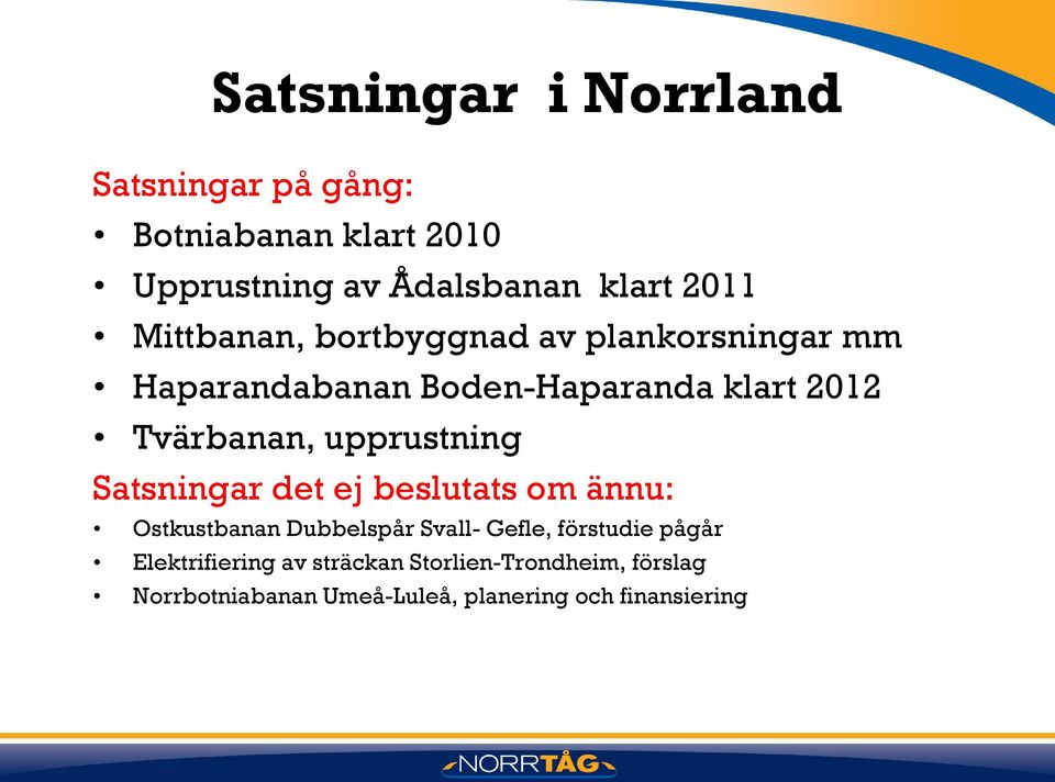 upprustning Satsningar det ej beslutats om ännu: Ostkustbanan Dubbelspår Svall- Gefle, förstudie pågår