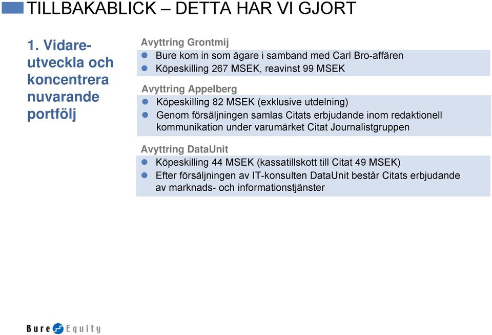 MSEK, reavinst 99 MSEK Avyttring Appelberg Köpeskilling 82 MSEK (exklusive utdelning) Genom försäljningen samlas Citats erbjudande inom