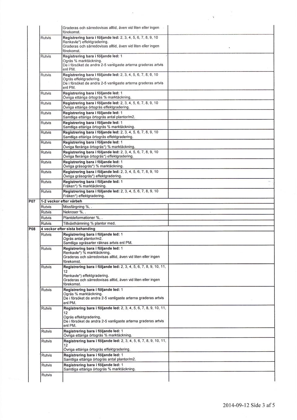 Registrering bara i följande led: 2, 3, 4, 5, 6, 7, 8, 9, 10 Samtliga ettåriga örtogräs effektgradering. )vriqa fleråriqa örtoqräs*) % marktäckninq.