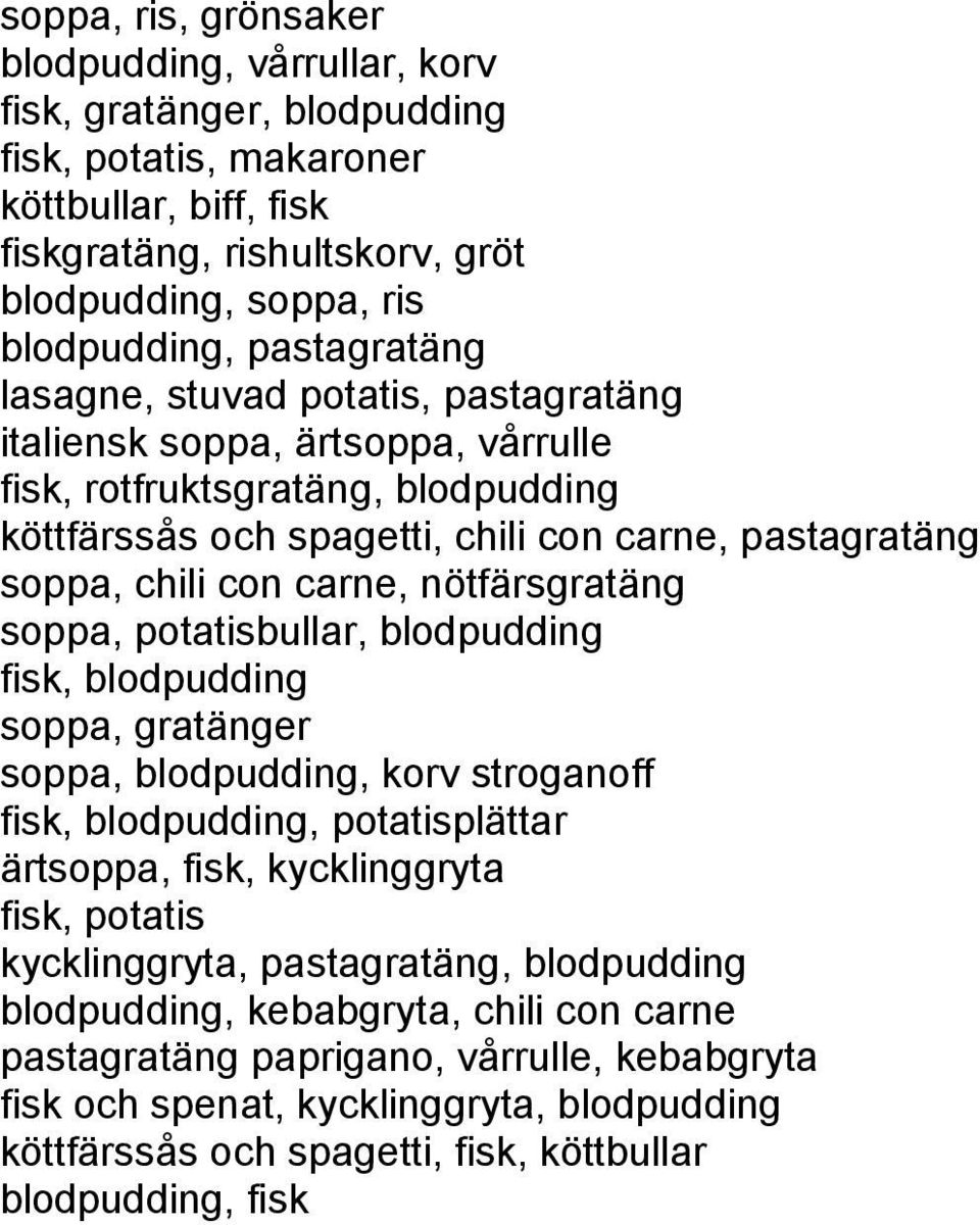 carne, nötfärsgratäng soppa, potatisbullar, blodpudding fisk, blodpudding soppa, gratänger soppa, blodpudding, korv stroganoff fisk, blodpudding, potatisplättar ärtsoppa, fisk, kycklinggryta fisk,