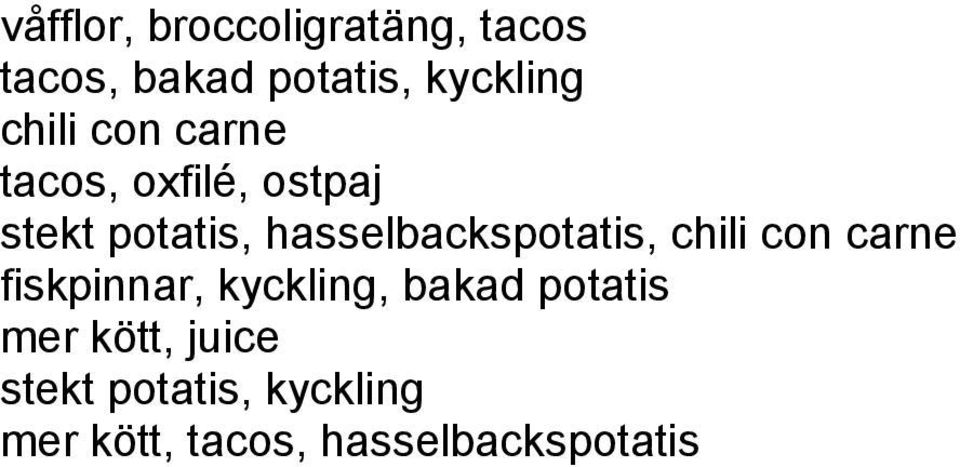 hasselbackspotatis, chili con carne fiskpinnar, kyckling, bakad