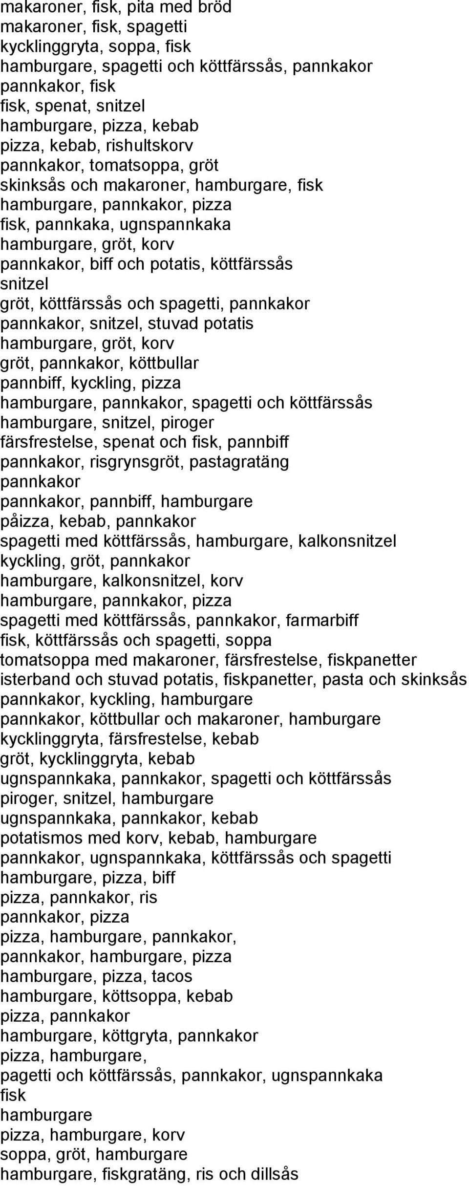 potatis, köttfärssås snitzel gröt, köttfärssås och spagetti, pannkakor pannkakor, snitzel, stuvad potatis hamburgare, gröt, korv gröt, pannkakor, köttbullar pannbiff, kyckling, pizza hamburgare,