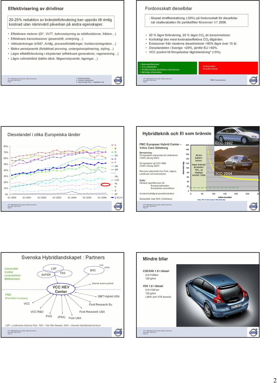 Effektivare motorer (DI 1, VVT 2, behovsstyrning av stödfunktioner, friktion ) Effektivare transmissioner (powershift, smörjning ) Viktssänkningar (HSS 3, Al-Mg, processförbättringar,