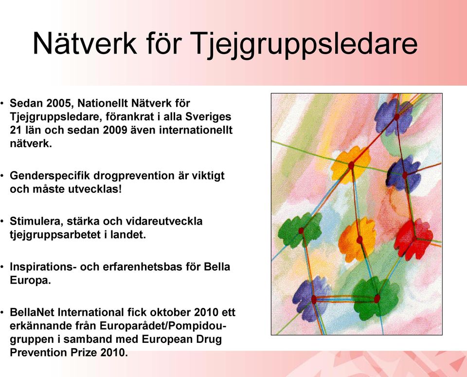 Stimulera, stärka och vidareutveckla tjejgruppsarbetet i landet. Inspirations- och erfarenhetsbas för Bella Europa.