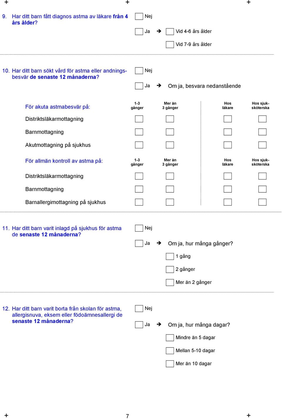astma på: 1-3 gånger Mer än 3 gånger Hos läkare Hos sjuksköterska Distriktsläkarmottagning Barnmottagning Barnallergimottagning på sjukhus 11.