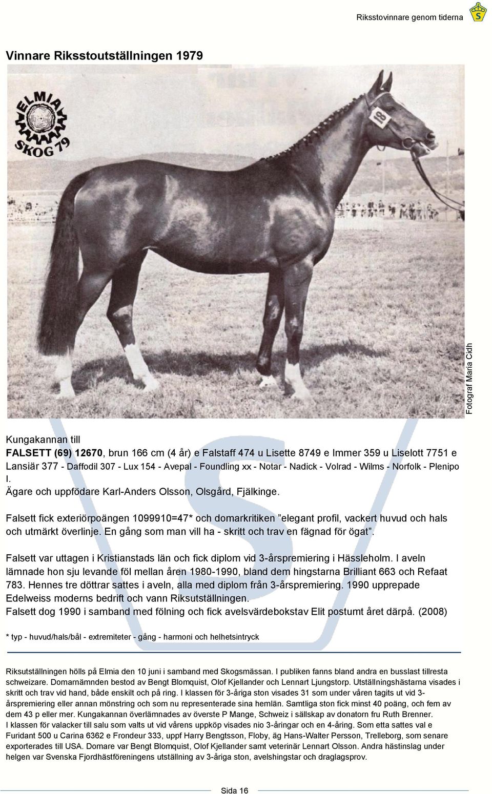 Falsett fick exteriörpoängen 1099910=47* och domarkritiken elegant profil, vackert huvud och hals och utmärkt överlinje. En gång som man vill ha - skritt och trav en fägnad för ögat.
