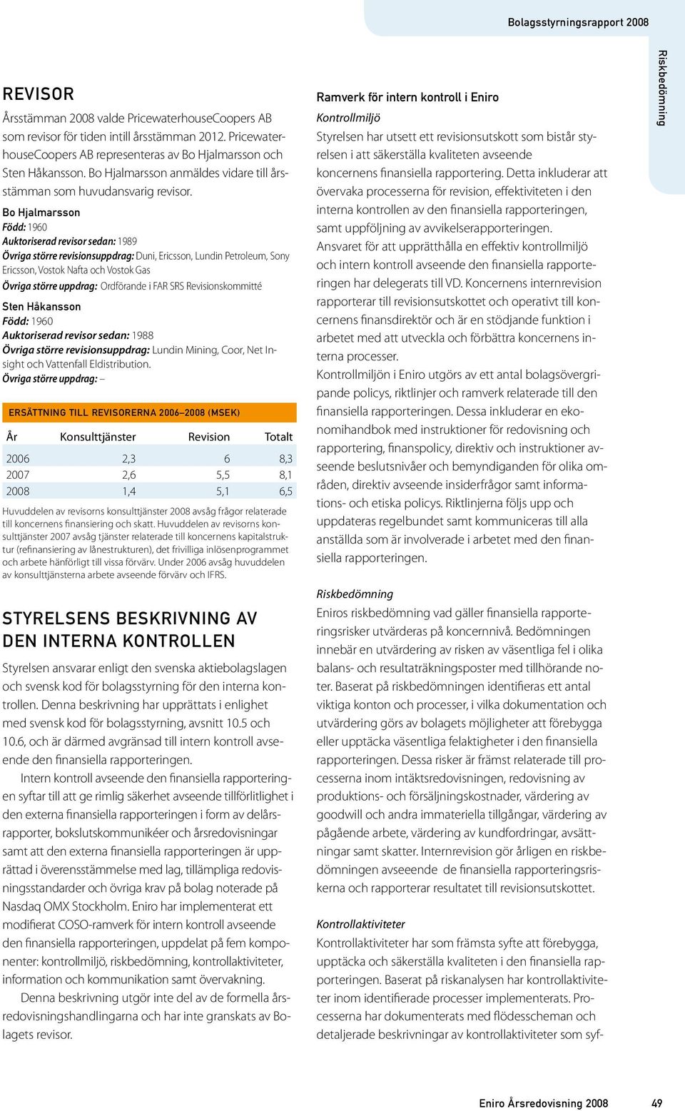 Bo Hjalmarsson Född: 1960 Auktoriserad revisor sedan: 1989 Övriga större revisionsuppdrag: Duni, Ericsson, Lundin Petroleum, Sony Ericsson, Vostok Nafta och Vostok Gas Övriga större uppdrag: