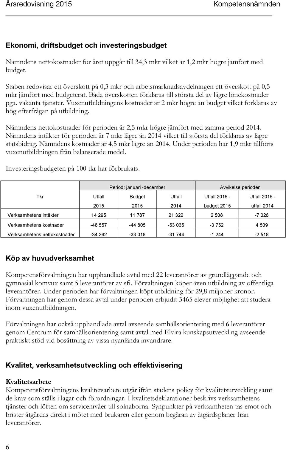 vakanta tjänster. Vuxenutbildningens kostnader är 2 mkr högre än budget vilket förklaras av hög efterfrågan på utbildning.