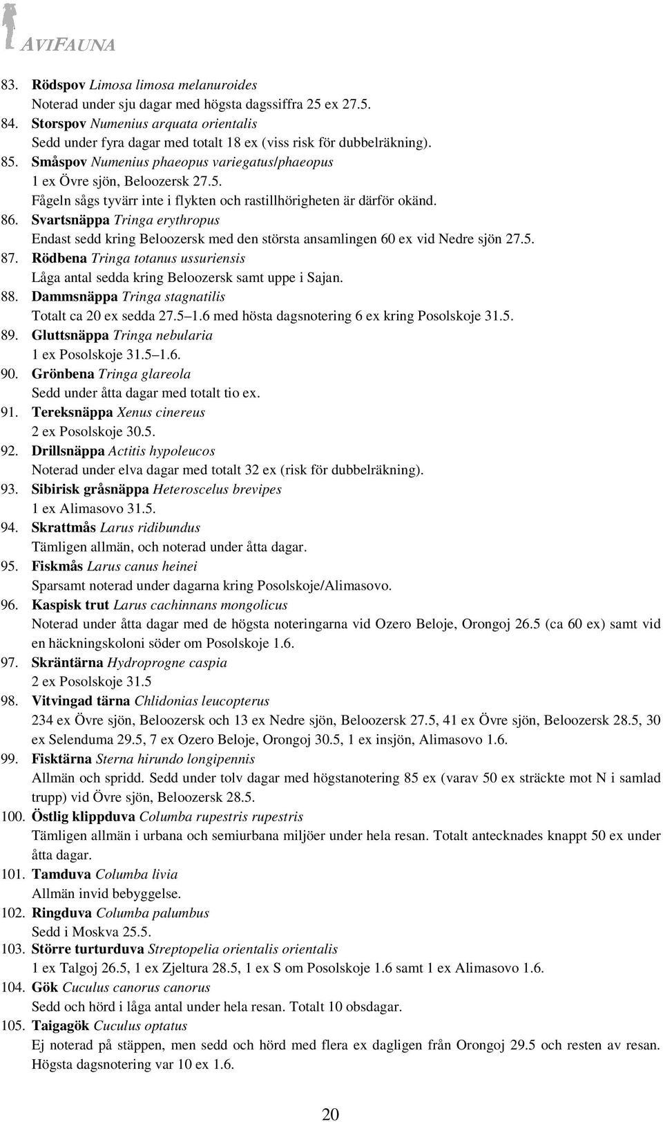 86. Svartsnäppa Tringa erythropus Endast sedd kring Beloozersk med den största ansamlingen 60 ex vid Nedre sjön 27.5. 87.