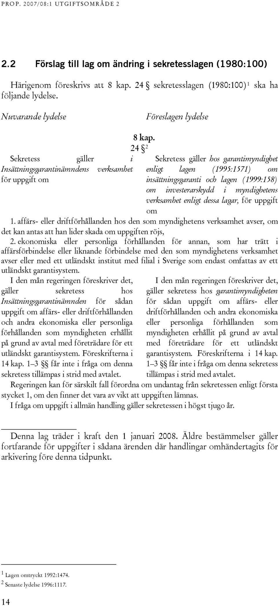 24 2 Sekretess gäller hos garantimyndighet enligt lagen (1995:1571) om insättningsgaranti och lagen (1999:158) om investerarskydd i myndighetens verksamhet enligt dessa lagar, för uppgift om 1.