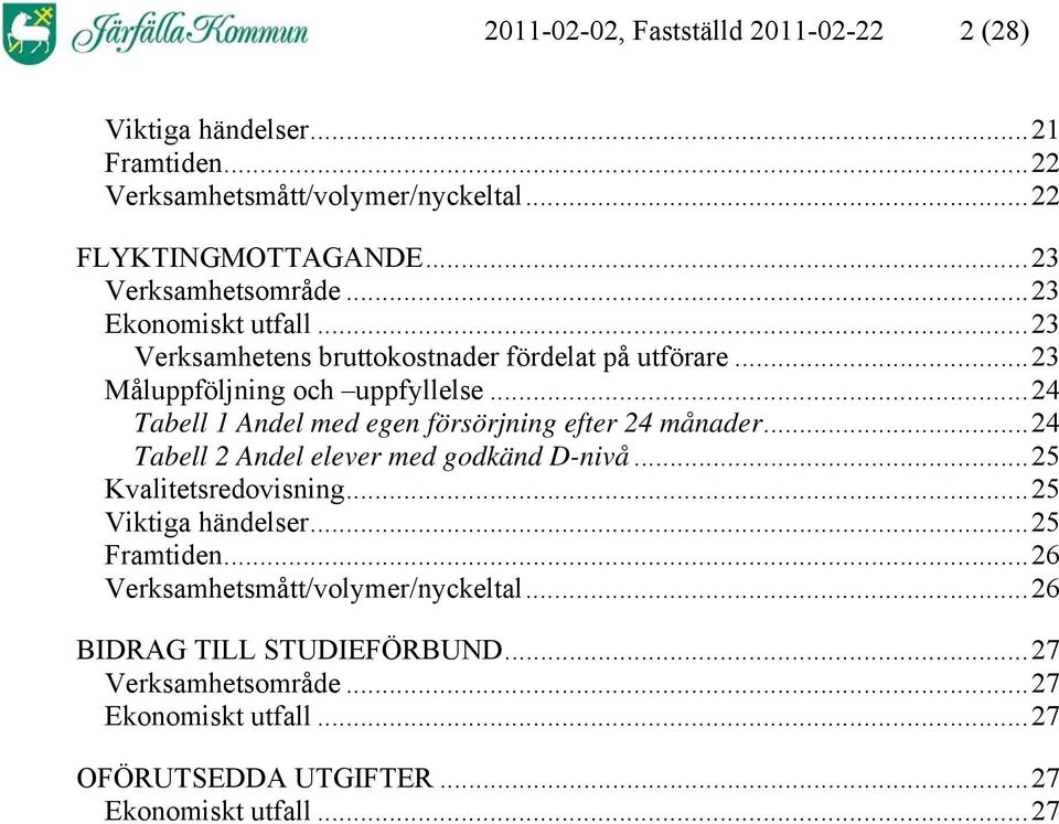 ..24 Tabell 1 Andel med egen försörjning efter 24 månader...24 Tabell 2 Andel elever med godkänd D-nivå...25 Kvalitetsredovisning...25 Viktiga händelser.