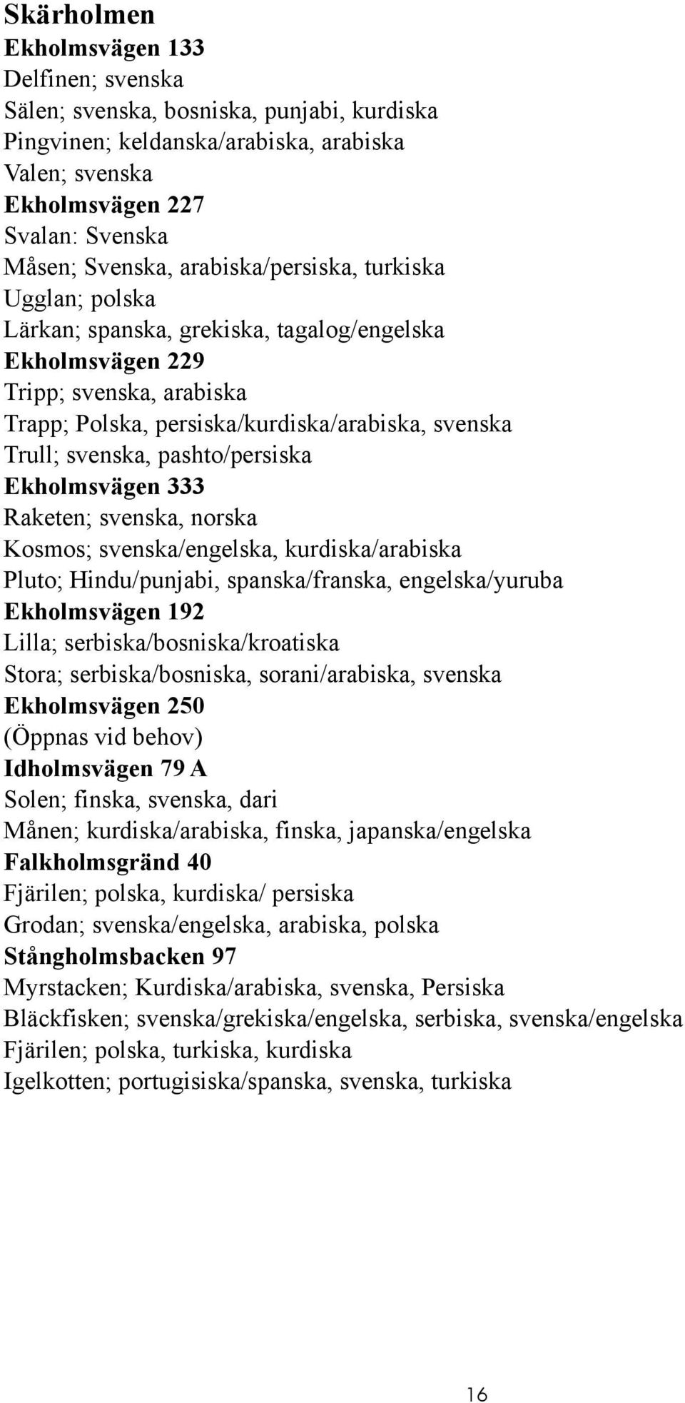 pashto/persiska Ekholmsvägen 333 Raketen; svenska, norska Kosmos; svenska/engelska, kurdiska/arabiska Pluto; Hindu/punjabi, spanska/franska, engelska/yuruba Ekholmsvägen 192 Lilla;