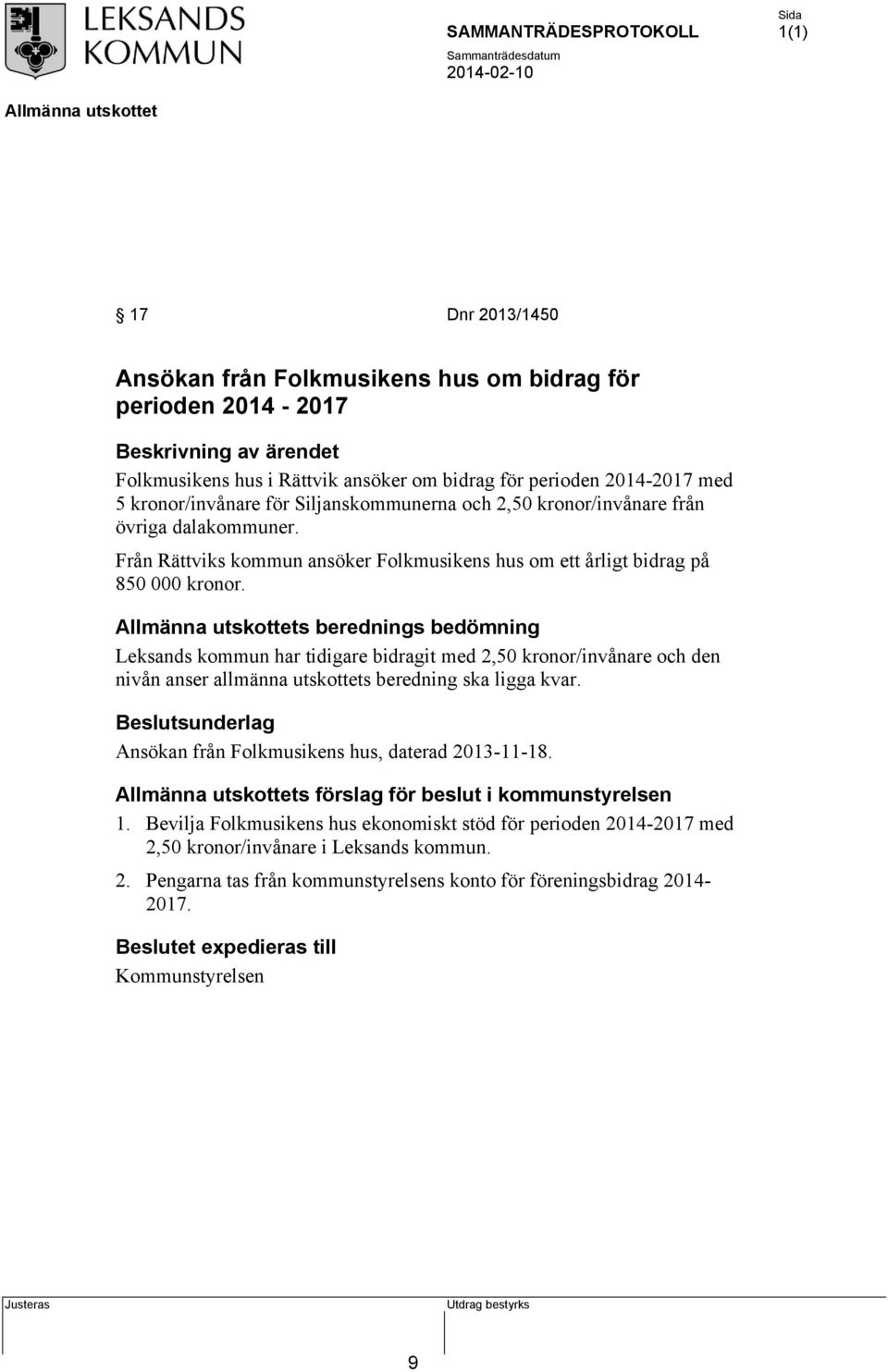 s berednings bedömning Leksands kommun har tidigare bidragit med 2,50 kronor/invånare och den nivån anser allmänna utskottets beredning ska ligga kvar.