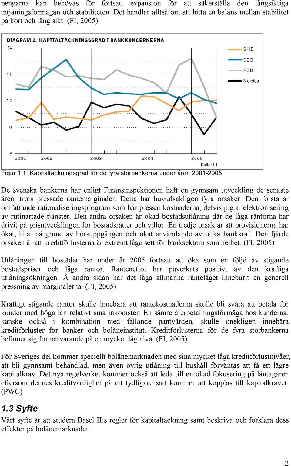 1: Kapitaltäckningsgrad för de fyra storbankerna under åren 2001-2005 De svenska bankerna har enligt Finansinspektionen haft en gynnsam utveckling de senaste åren, trots pressade räntemarginaler.