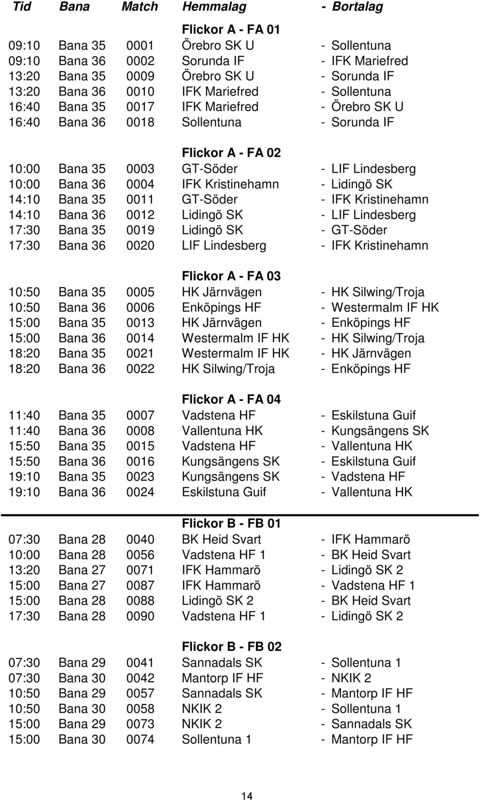 36 0004 IFK Kristinehamn - Lidingö SK 14:10 Bana 35 0011 GT-Söder - IFK Kristinehamn 14:10 Bana 36 0012 Lidingö SK - LIF Lindesberg 17:30 Bana 35 0019 Lidingö SK - GT-Söder 17:30 Bana 36 0020 LIF