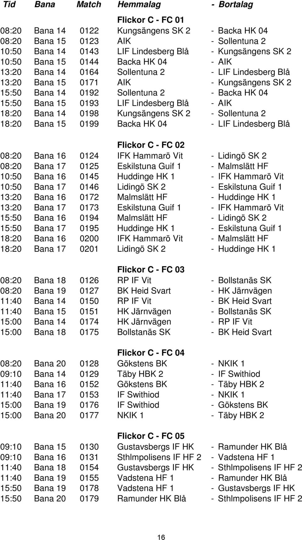 LIF Lindesberg Blå - AIK 18:20 Bana 14 0198 Kungsängens SK 2 - Sollentuna 2 18:20 Bana 15 0199 Backa HK 04 - LIF Lindesberg Blå Flickor C - FC 02 08:20 Bana 16 0124 IFK Hammarö Vit - Lidingö SK 2