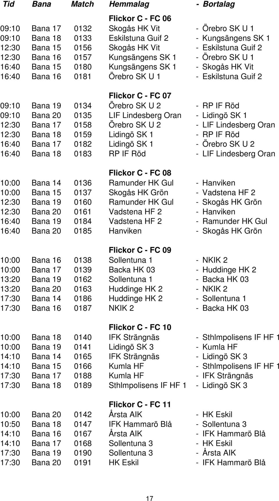 Bana 19 0134 Örebro SK U 2 - RP IF Röd 09:10 Bana 20 0135 LIF Lindesberg Oran - Lidingö SK 1 12:30 Bana 17 0158 Örebro SK U 2 - LIF Lindesberg Oran 12:30 Bana 18 0159 Lidingö SK 1 - RP IF Röd 16:40