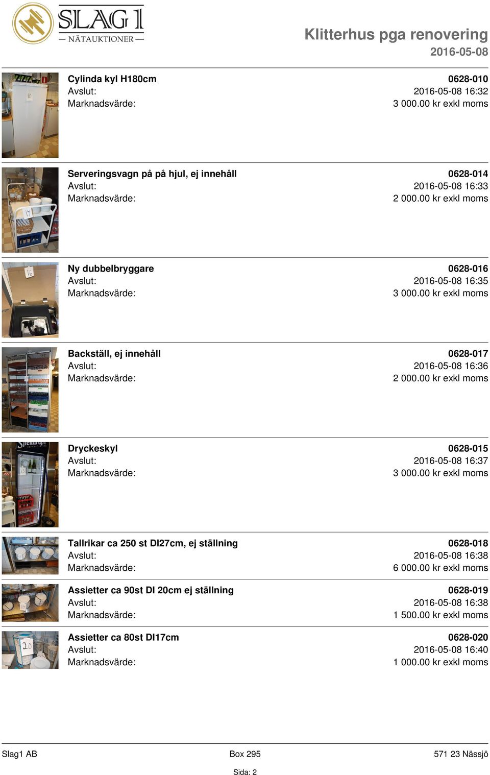 Dryckeskyl 0628-015 Avslut: 16:37 Tallrikar ca 250 st DI27cm, ej ställning 0628-018 Avslut: 16:38