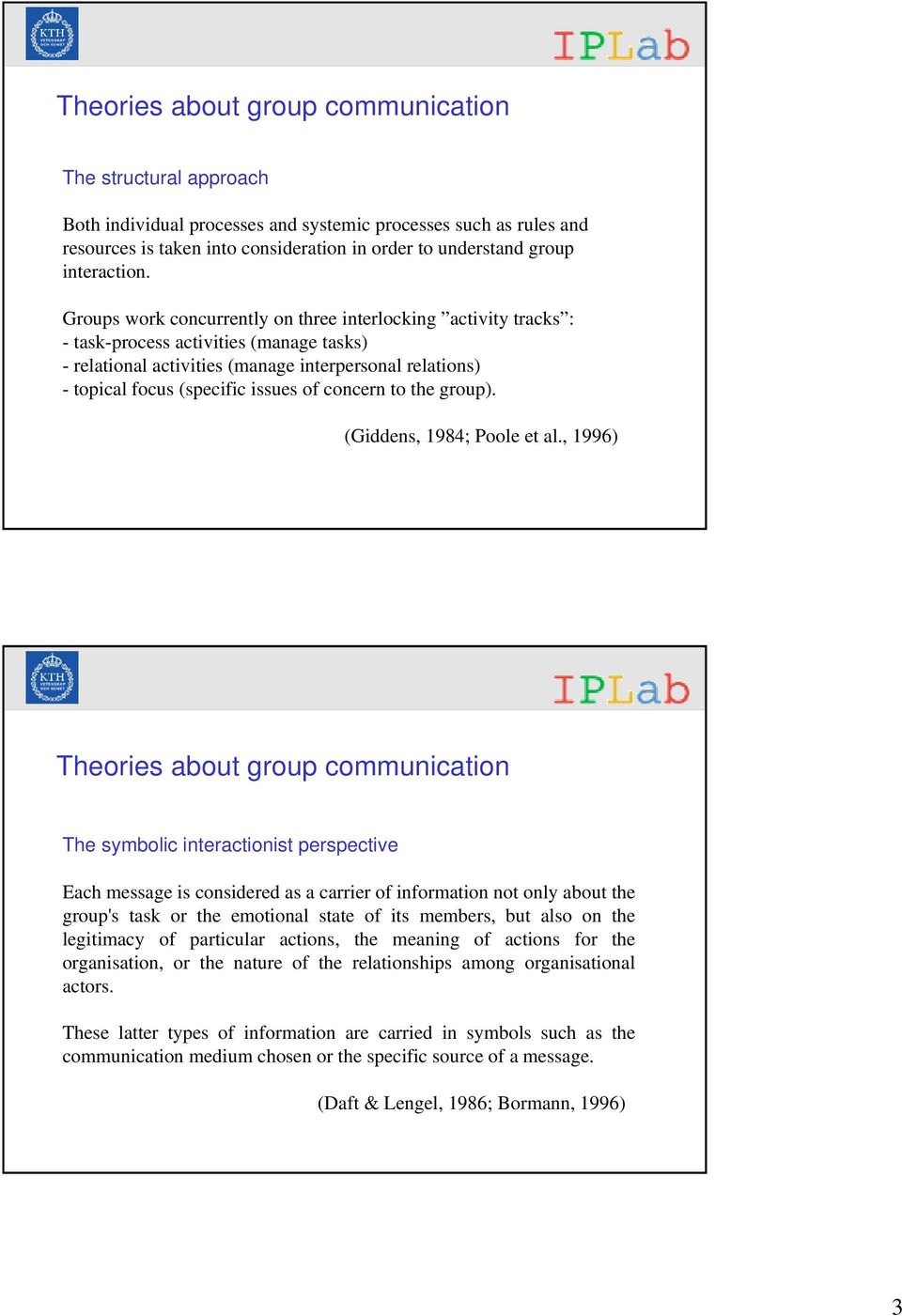 Groups work concurrently on three interlocking activity tracks : - task-process activities (manage tasks) - relational activities (manage interpersonal relations) - topical focus (specific issues of