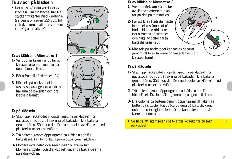 Ta av klädseln: Alternative 1 1- Var uppmärksam när du tar av klädseln eftersom man tar på den på motsatt vis. 2- Börja framtill på sittdelen (24).