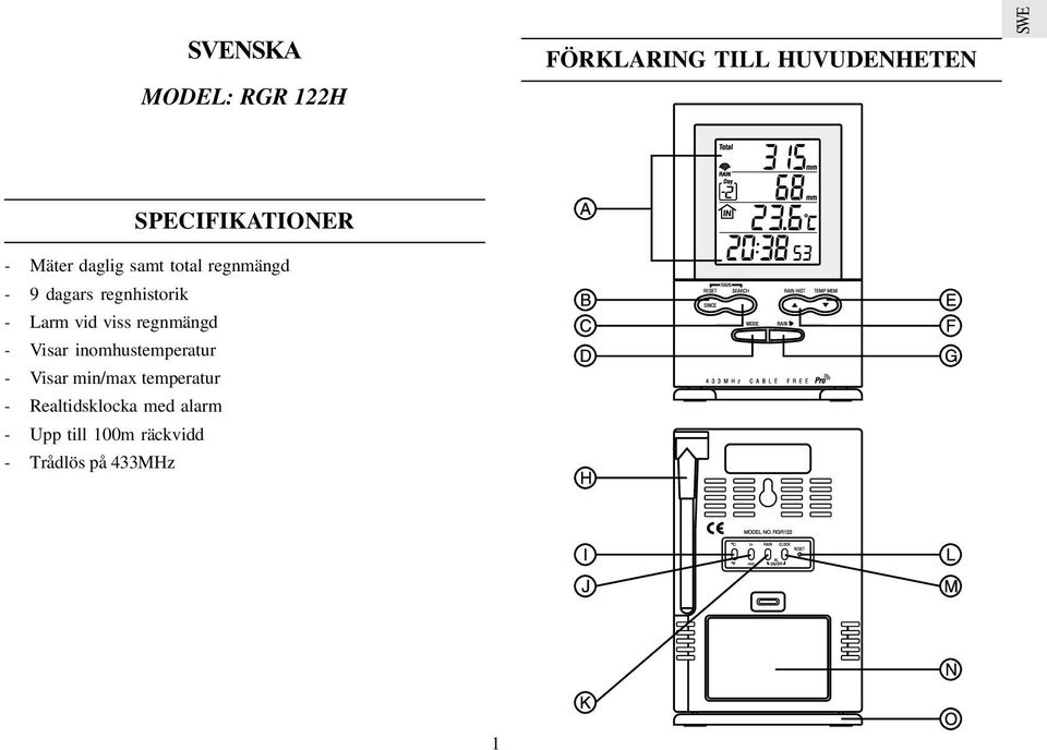 viss regnmängd - Visar inomhustemperatur - Visar min/max temperatur -