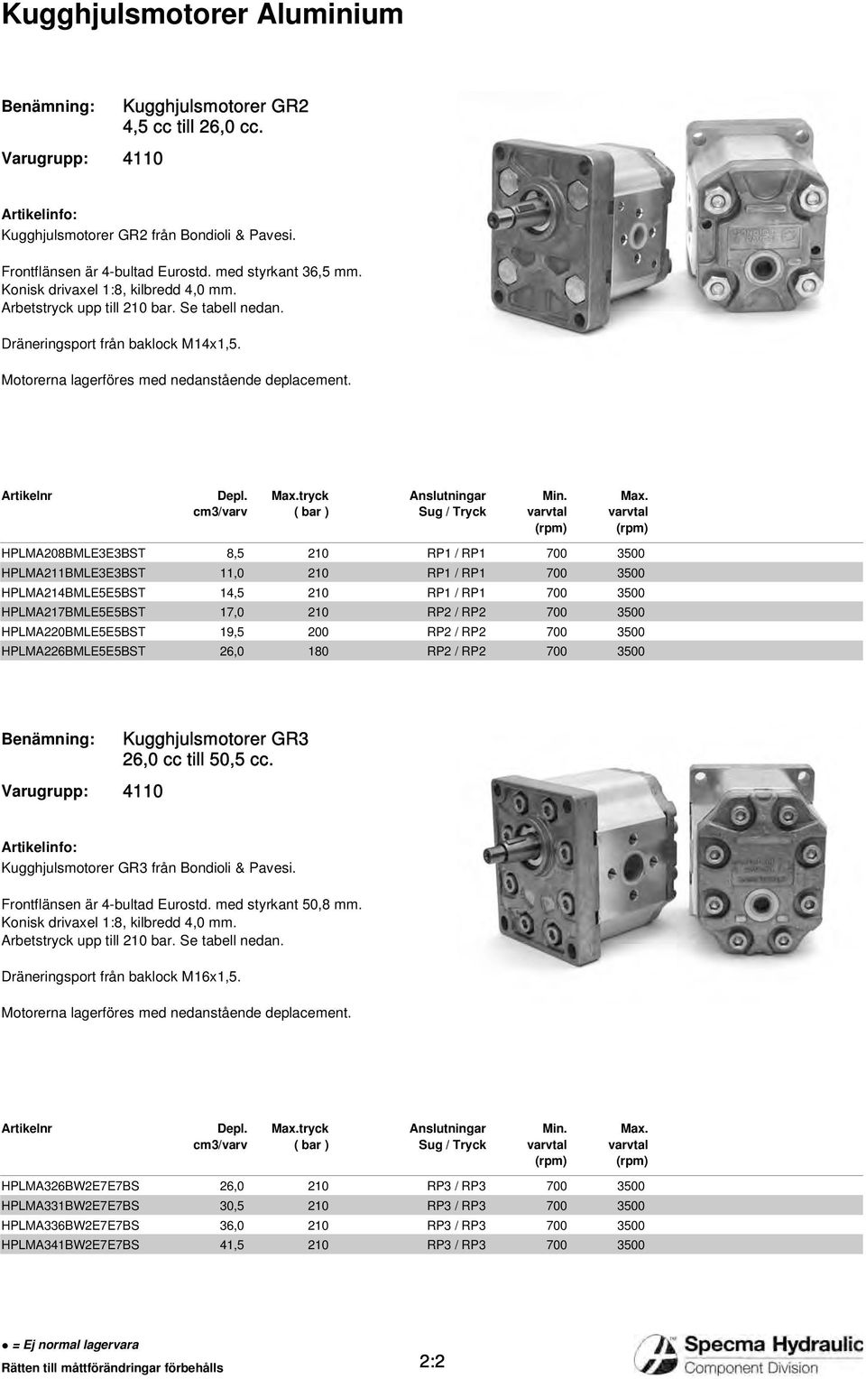 tryck Anslutningar Sug / Tryck HPLMA208BMLE3E3BST 8,5 210 RP1 / RP1 700 3500 HPLMA211BMLE3E3BST 11,0 210 RP1 / RP1 700 3500 HPLMA214BMLE5E5BST 14,5 210 RP1 / RP1 700 3500 HPLMA217BMLE5E5BST 17,0 210