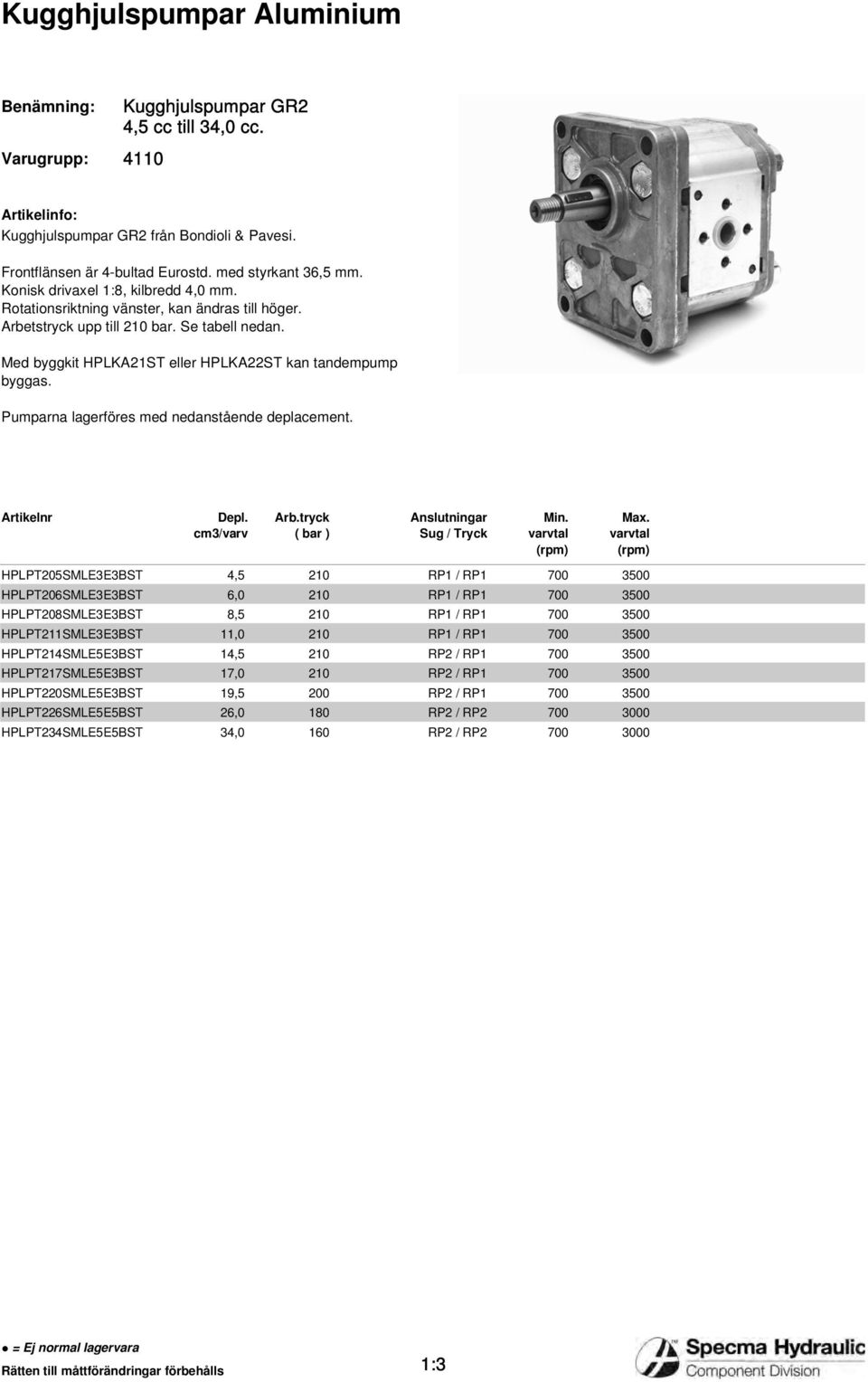 Pumparna lagerföres med nedanstående deplacement. Arb.