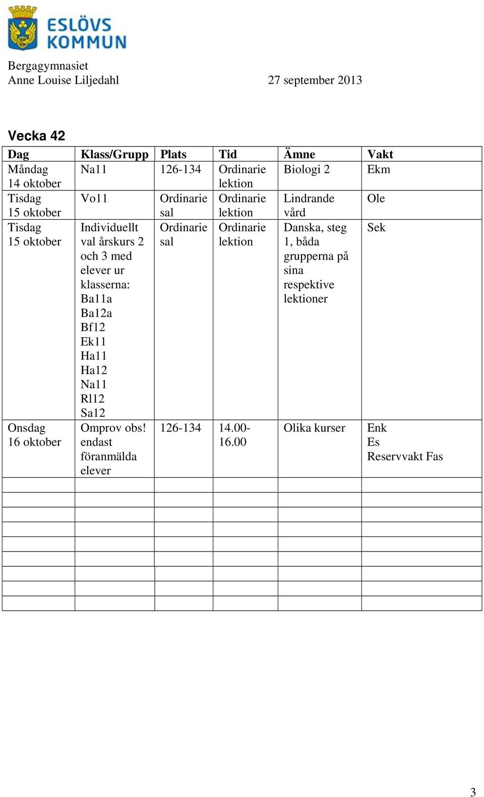 och 3 med ur klasserna: Ba11a Ba12a Bf12 Ek11 Ha11 Ha12 Rl12 Sa12