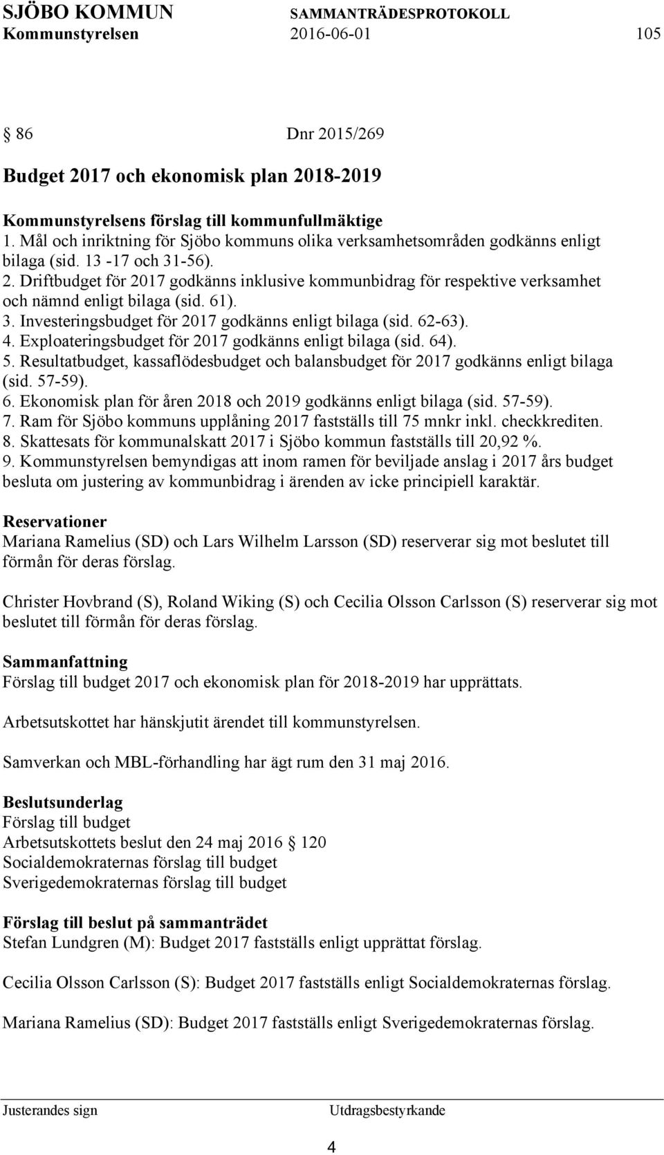 Driftbudget för 2017 godkänns inklusive kommunbidrag för respektive verksamhet och nämnd enligt bilaga (sid. 61). 3. Investeringsbudget för 2017 godkänns enligt bilaga (sid. 62-63). 4.