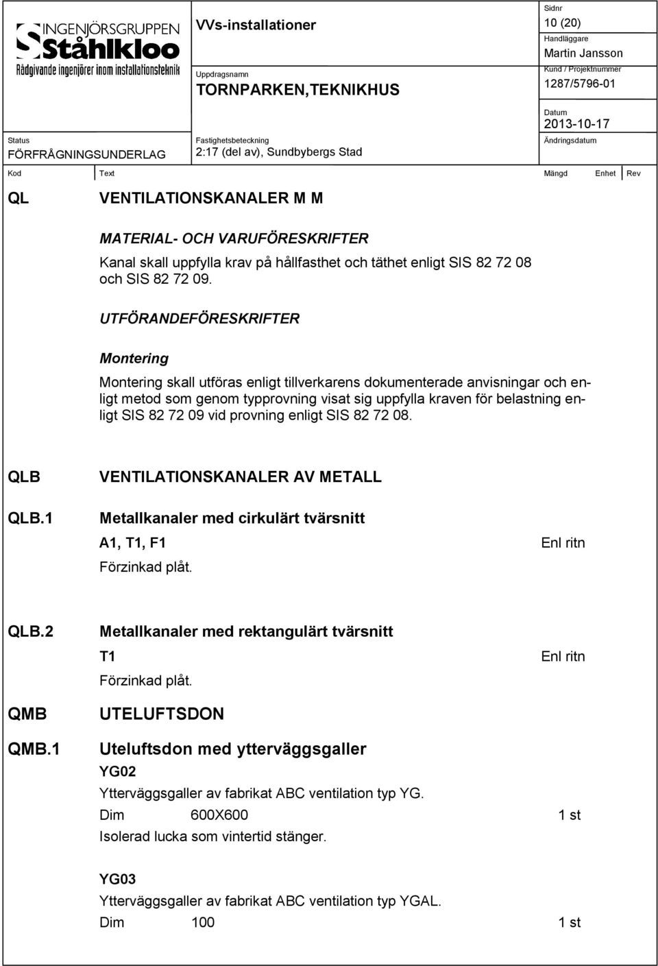 09 vid provning enligt SIS 82 72 08. QLB QLB.1 VENTILATIONSKANALER AV METALL Metallkanaler med cirkulärt tvärsnitt A1, T1, F1 Enl ritn Förzinkad plåt. QLB.2 QMB Metallkanaler med rektangulärt tvärsnitt T1 Förzinkad plåt.