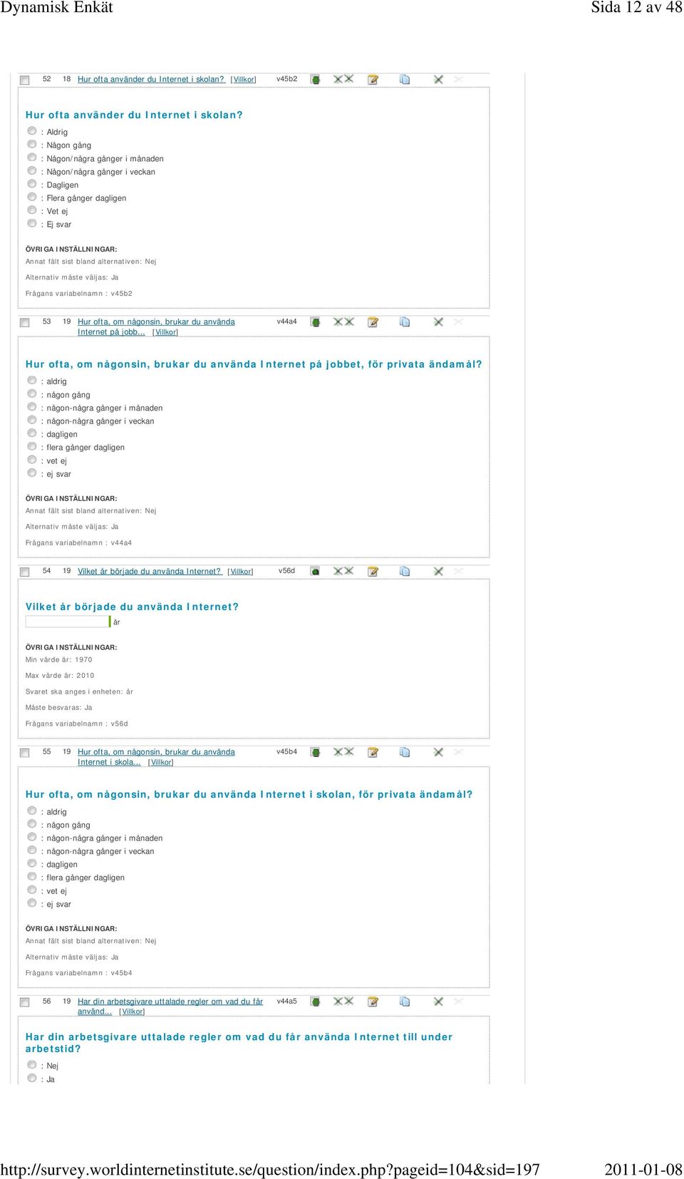 Internet på jobb... [Villkor] v44a4 Hur ofta, om någonsin, brukar du använda Internet på jobbet, för privata ändamål?