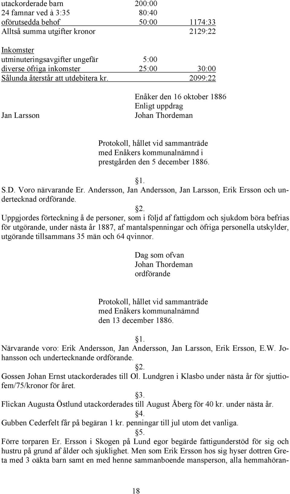 2099:22 Jan Larsson Enåker den 16 oktober 1886 Enligt uppdrag Johan Thordeman Protokoll, hållet vid sammanträde med Enåkers kommunalnämnd i prestgården den 5 december 1886. S.D. Voro närvarande Er.
