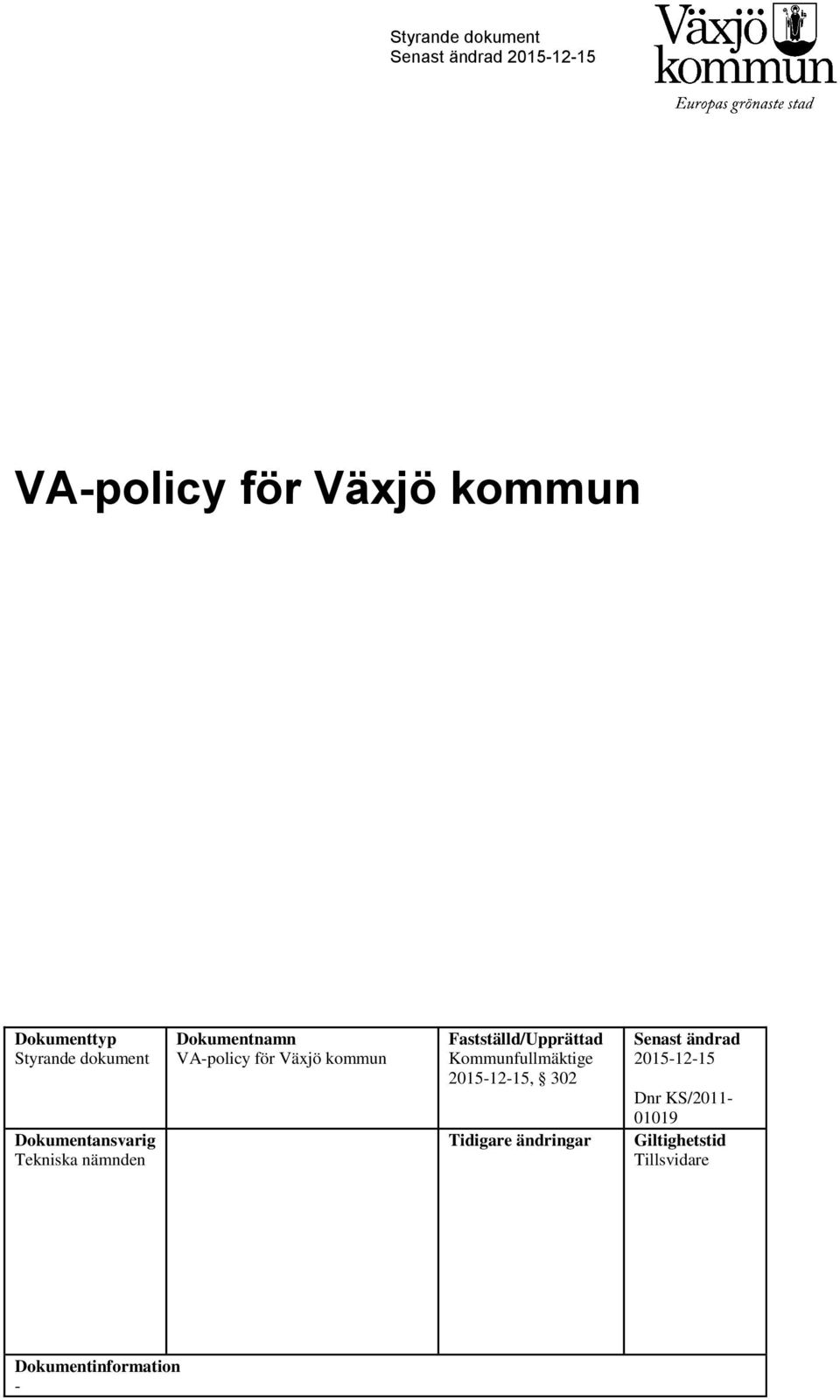 Fastställd/Upprättad Kommunfullmäktige 2015-12-15, 302 Tidigare ändringar