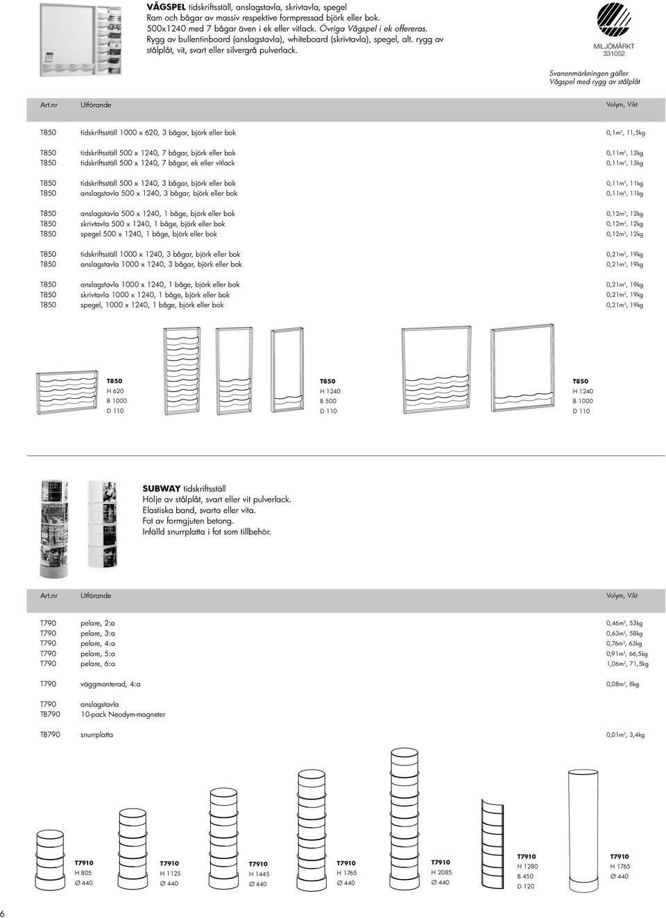 MILJÖMÄRKT 331052 Svanenmärkningen gäller Vågspel med rygg av stålplåt tidskriftsställ 1000 x 620, 3 bågar, björk eller bok 0,1m 3, 11,5kg tidskriftsställ 500 x 1240, 7 bågar, björk eller bok