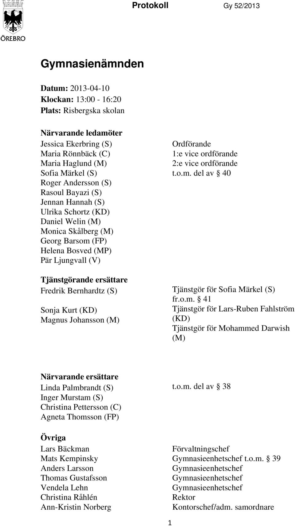 del av 40 Roger Andersson (S) Rasoul Bayazi (S) Jennan Hannah (S) Ulrika Schortz (KD) Daniel Welin (M) Monica Skålberg (M) Georg Barsom (FP) Helena Bosved (MP) Pär Ljungvall (V) Tjänstgörande