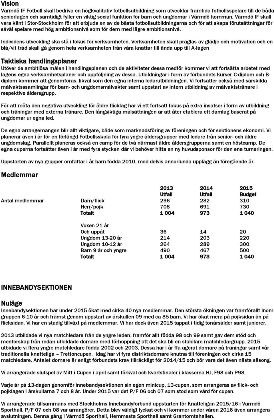 Värmdö IF skall vara känt i Stor-Stockholm för att erbjuda en av de bästa fotbollsutbildningarna och för att skapa förutsättningar för såväl spelare med hög ambitionsnivå som för dem med lägre