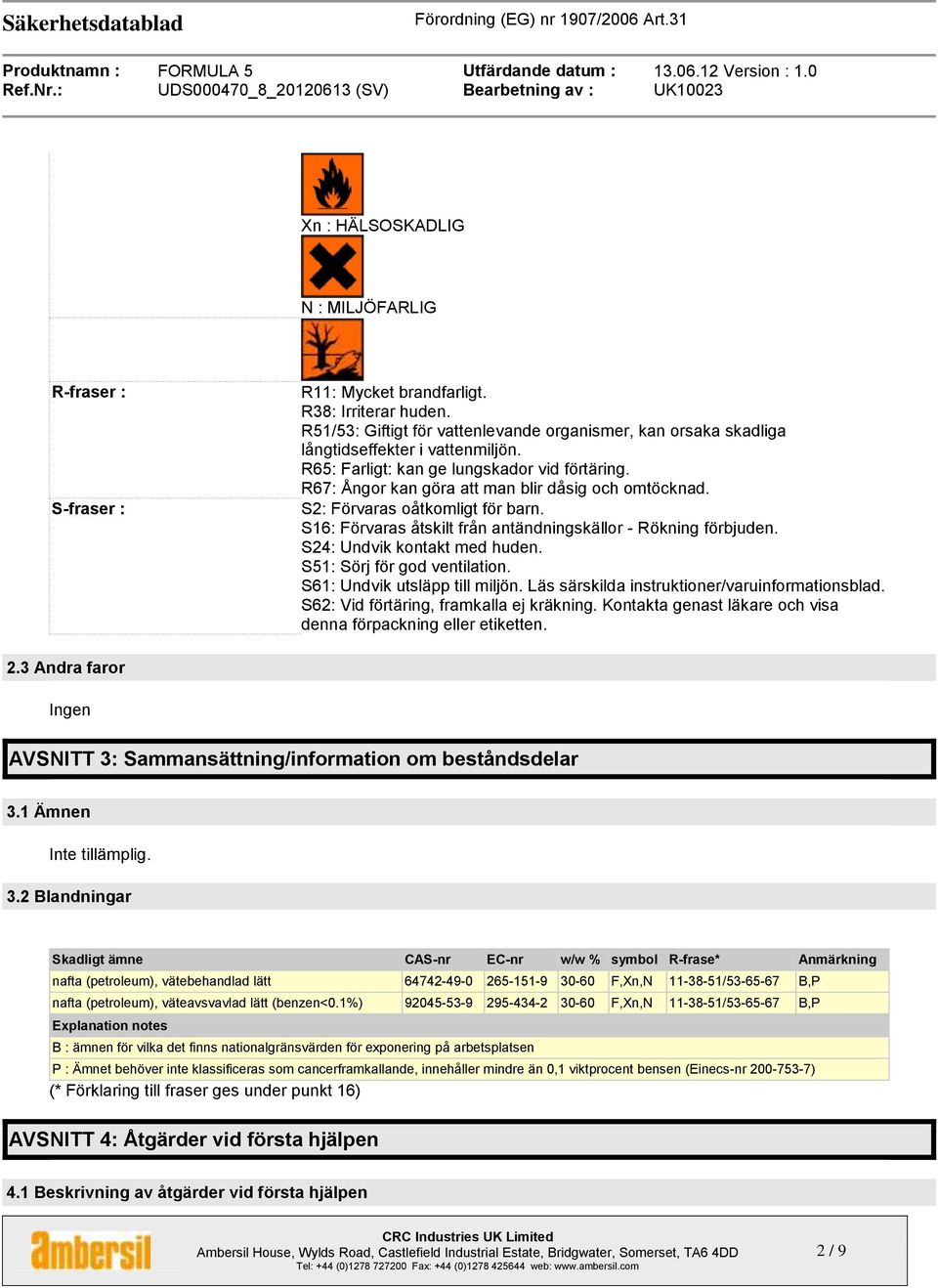 S2: Förvaras oåtkomligt för barn. S16: Förvaras åtskilt från antändningskällor - Rökning förbjuden. S24: Undvik kontakt med huden. S51: Sörj för god ventilation. S61: Undvik utsläpp till miljön.