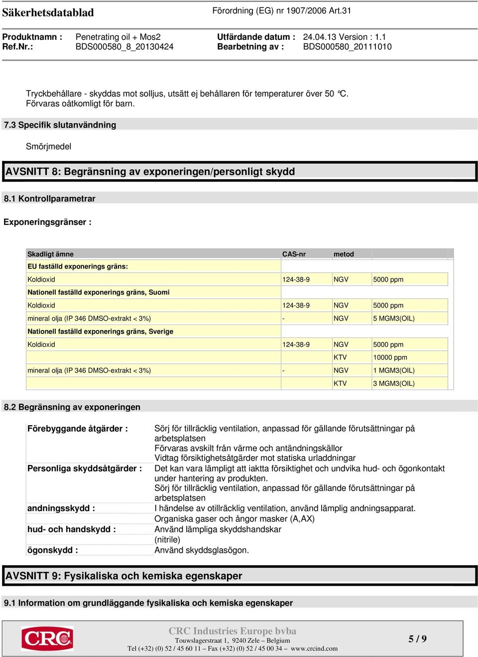 1 Kontrollparametrar Exponeringsgränser : Skadligt ämne CAS-nr metod EU faställd exponerings gräns: Koldioxid 124-38-9 NGV 5000 ppm Nationell faställd exponerings gräns, Suomi Koldioxid 124-38-9 NGV