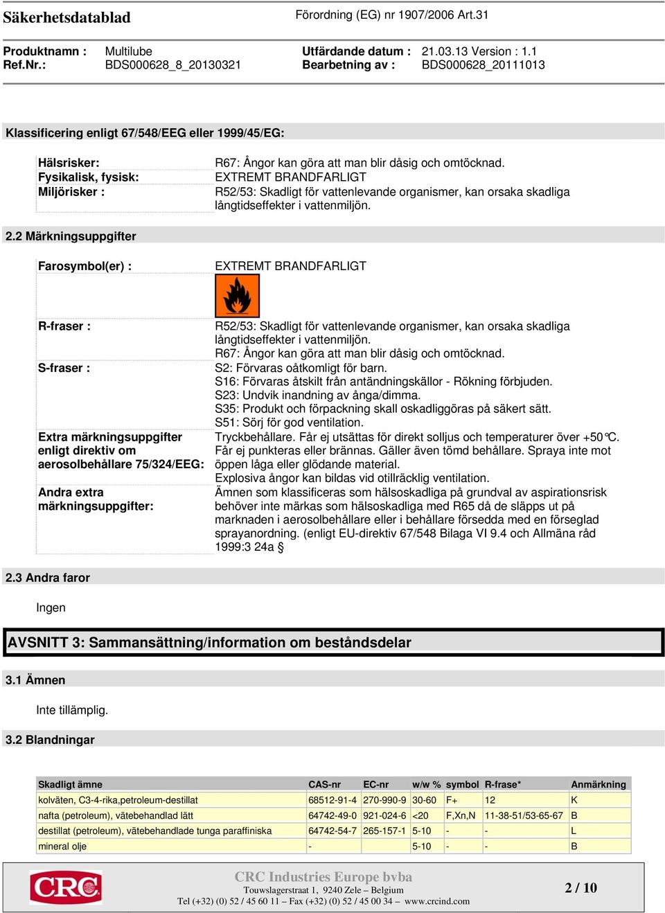 2 Märkningsuppgifter Farosymbol(er) : EXTREMT BRANDFARLIGT R-fraser : S-fraser : Extra märkningsuppgifter enligt direktiv om aerosolbehållare 75/324/EEG: Andra extra märkningsuppgifter: R52/53: