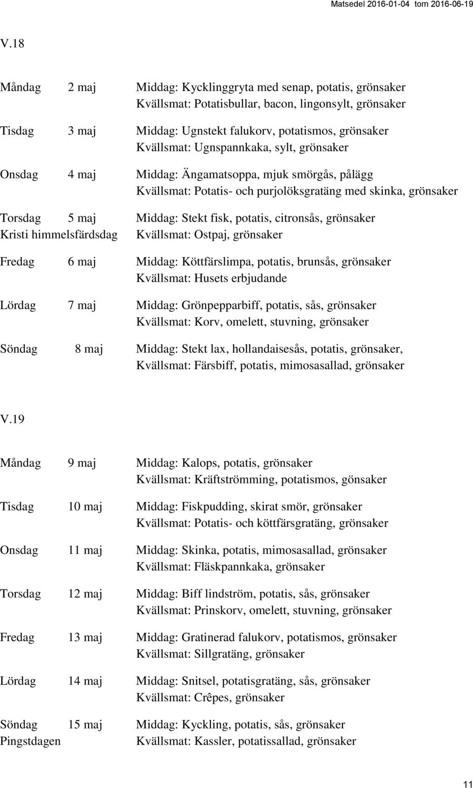 citronsås, grönsaker Kristi himmelsfärdsdag Kvällsmat: Ostpaj, grönsaker Fredag 6 maj Middag: Köttfärslimpa, potatis, brunsås, grönsaker Lördag 7 maj Middag: Grönpepparbiff, potatis, sås, grönsaker