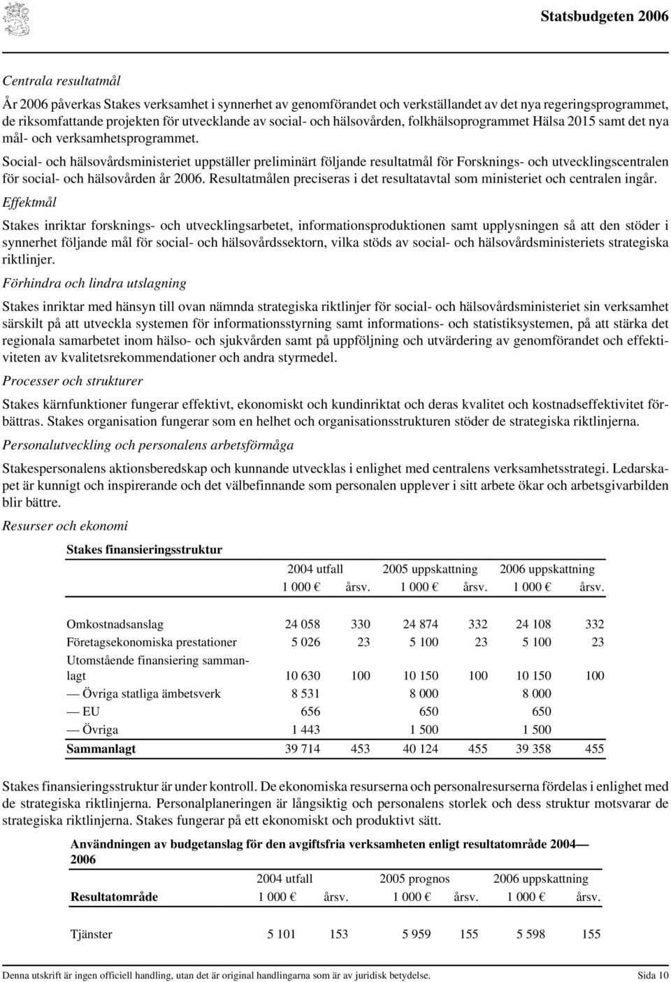 Social- och hälsovårdsministeriet uppställer preliminärt följande resultatmål för Forsknings- och utvecklingscentralen för social- och hälsovården år 2006.