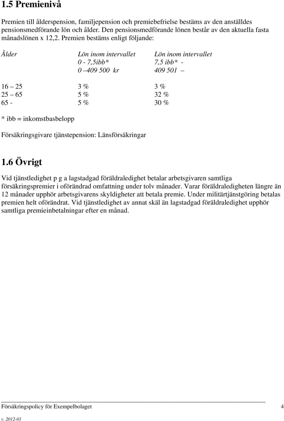 Premien bestäms enligt följande: Ålder Lön inom intervallet Lön inom intervallet 0-7,5ibb* 7,5 ibb* - 0 409 500 kr 409 501 16 25 3 % 3 % 25 65 5 % 32 % 65-5 % 30 % * ibb = inkomstbasbelopp