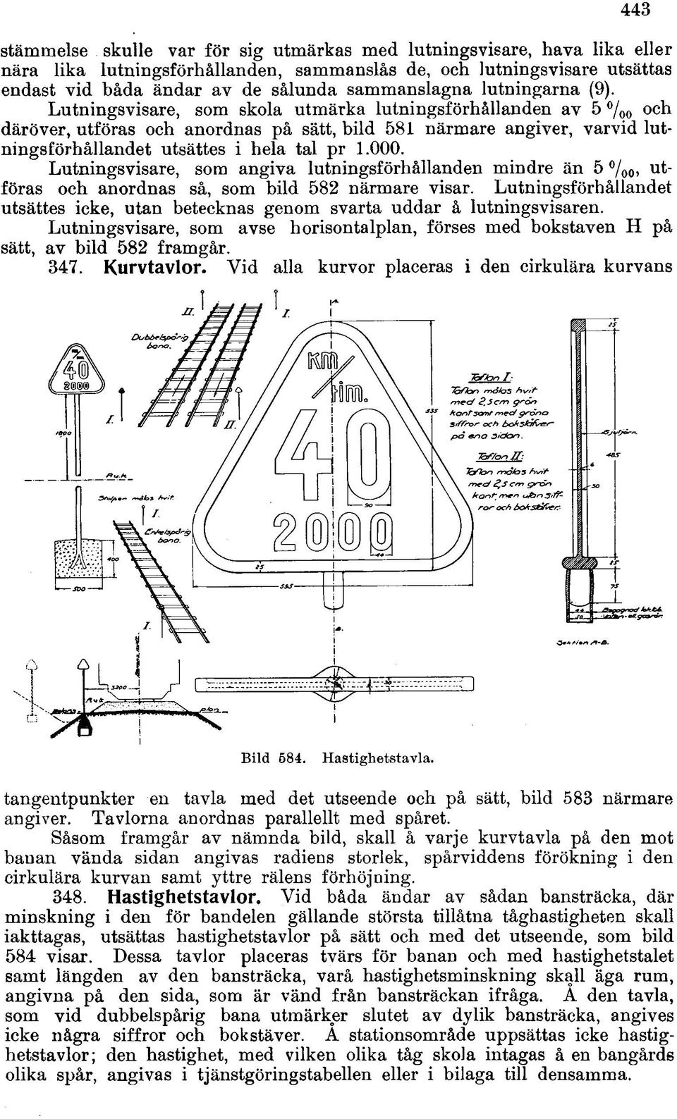 Lutningsvisare, som skola utmärka lutningsförhållanden av 5 /oo oc^ däröver, utföras och anordnas på sätt, bild 581 närmare angiver, varvid lutningsförhållandet utsättes i hela tal pr 1.000.