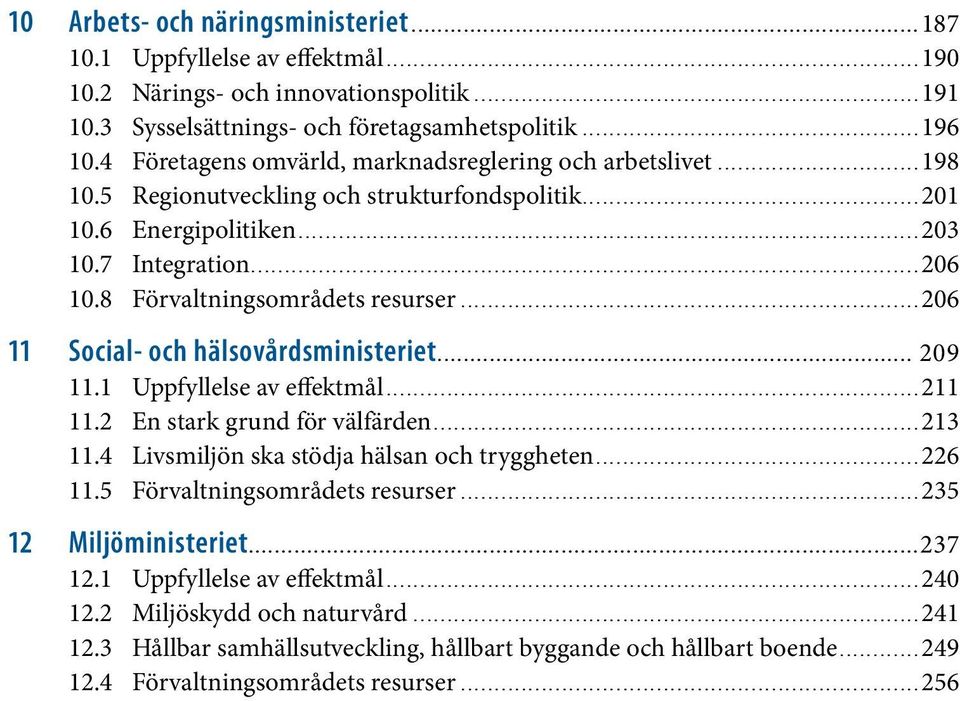 ..206 11 Social- och hälsovårdsministeriet... 209 11.1 Uppfyllelse av effektmål...211 11.2 En stark grund för välfärden...213 11.4 Livsmiljön ska stödja hälsan och tryggheten...226 11.