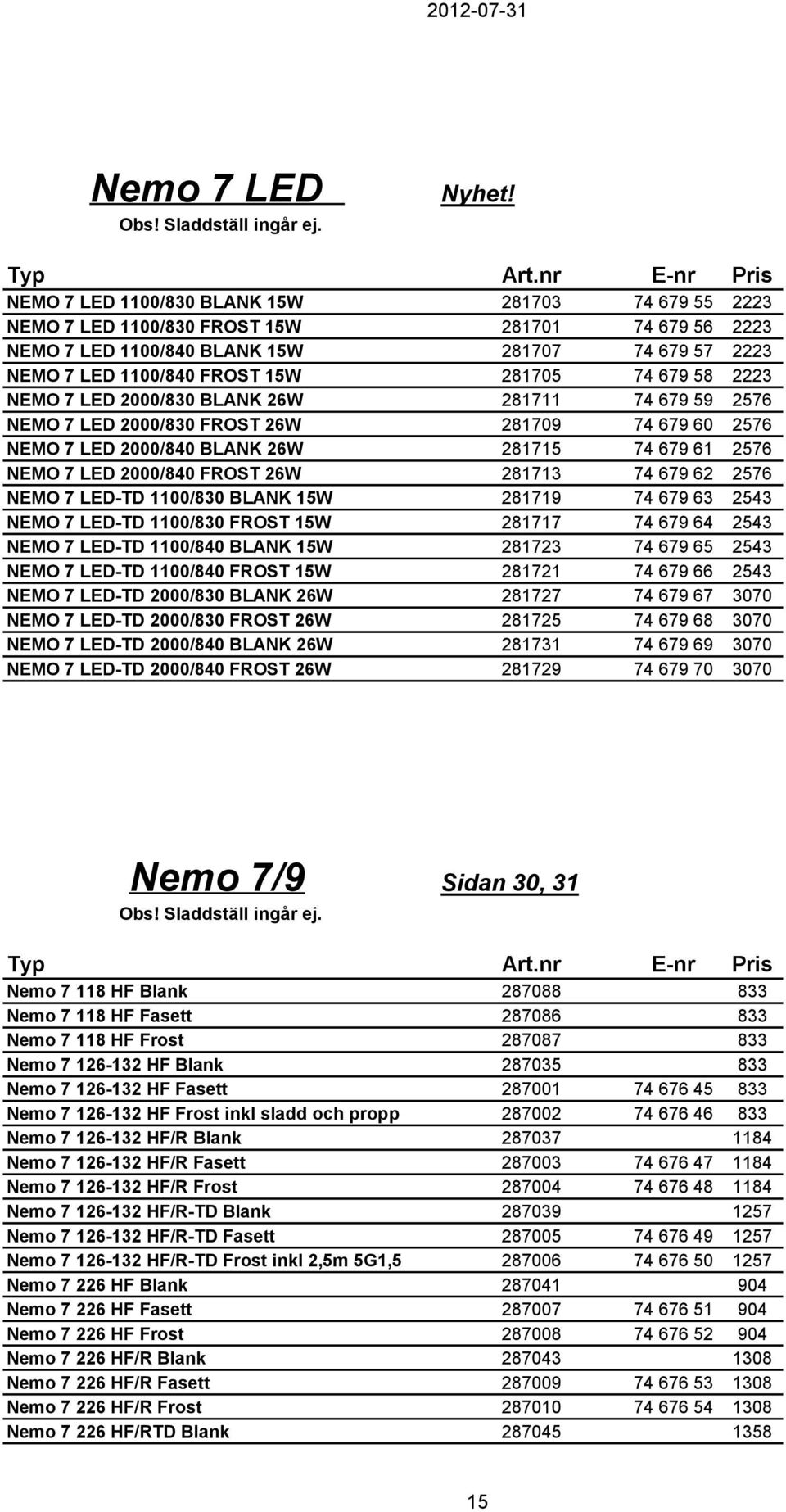 58 2223 NEMO 7 LED 2000/830 BLANK 26W 281711 74 679 59 2576 NEMO 7 LED 2000/830 FROST 26W 281709 74 679 60 2576 NEMO 7 LED 2000/840 BLANK 26W 281715 74 679 61 2576 NEMO 7 LED 2000/840 FROST 26W