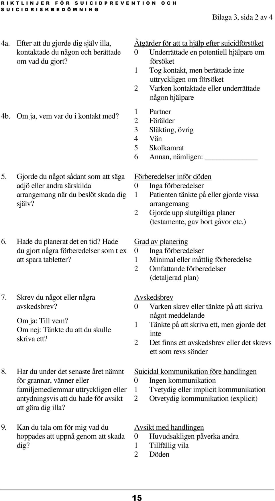 Hade du gjort några förberedelser som t ex att spara tabletter? 7. Skrev du något eller några avskedsbrev? Om ja: Till vem? Om nej: Tänkte du att du skulle skriva ett? 8.