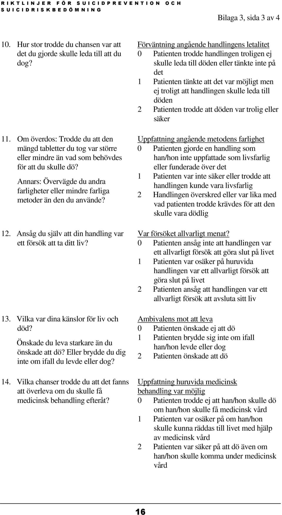 Annars: Övervägde du andra farligheter eller mindre farliga metoder än den du använde? 12. Ansåg du själv att din handling var ett försök att ta ditt liv? 13. Vilka var dina känslor för liv och död?